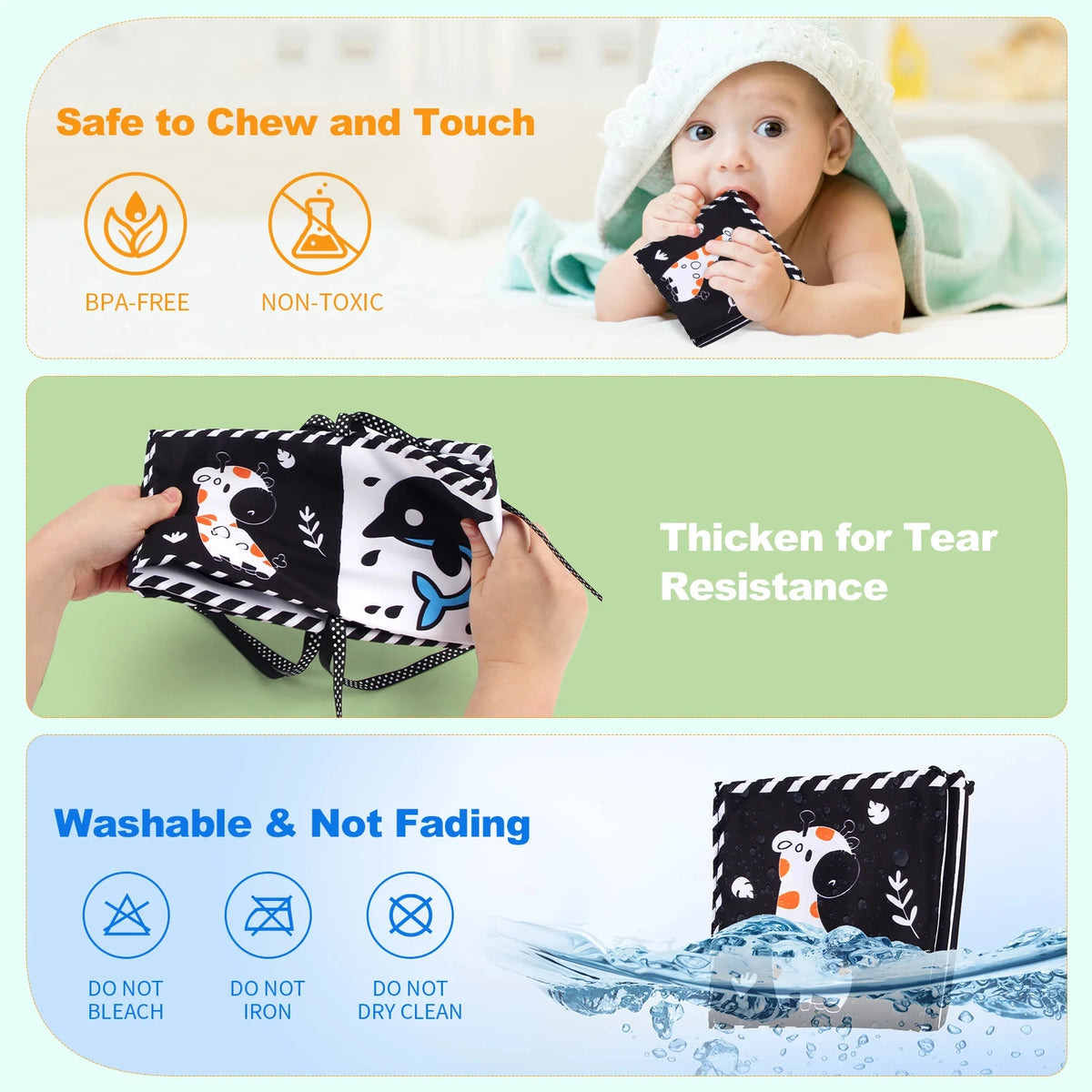 Black & White Montessori Sensory Cloth Book for Newborns (0 - 12 months old)