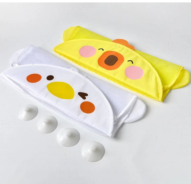 Cute Cartoon Duck Baby Bath Toy Storage Mesh Bag - Breathable Quick-Dry Hanging Net Organizer with Strong Suction Cups for Bathroom Toys, Beach Sand Toys & Kids Accessories