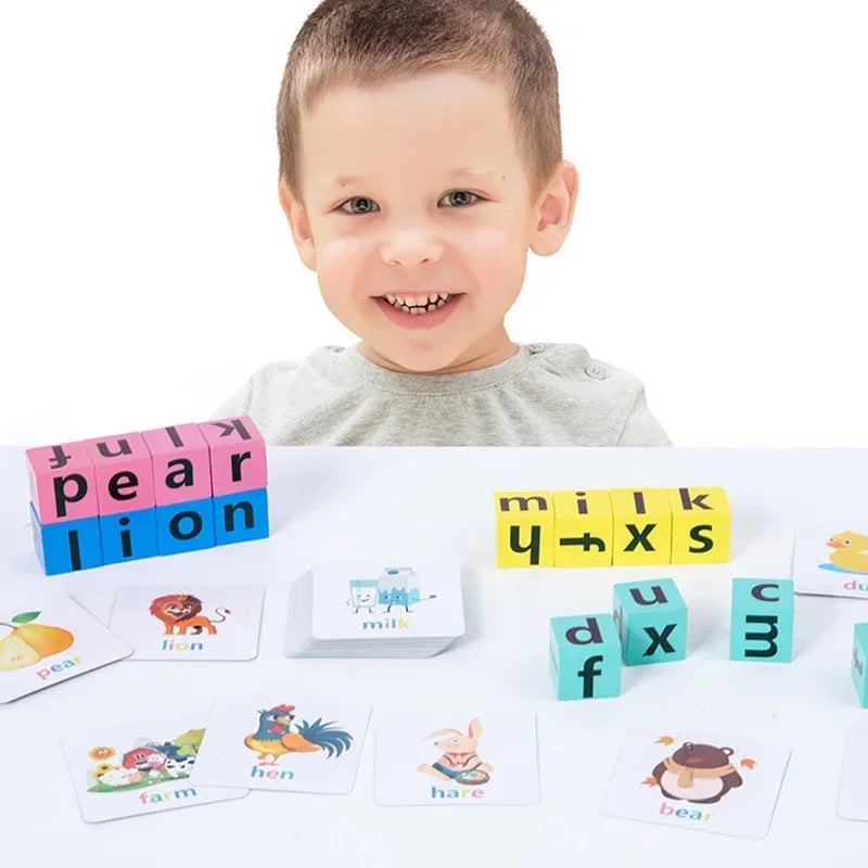 Montessori Wooden Word Spelling & Alphabet Learning Game for Preschoolers - Interactive Reading & Letter Matching Building Blocks Toy with 40 Flash Cards for Early Vocabulary & Toddler Education