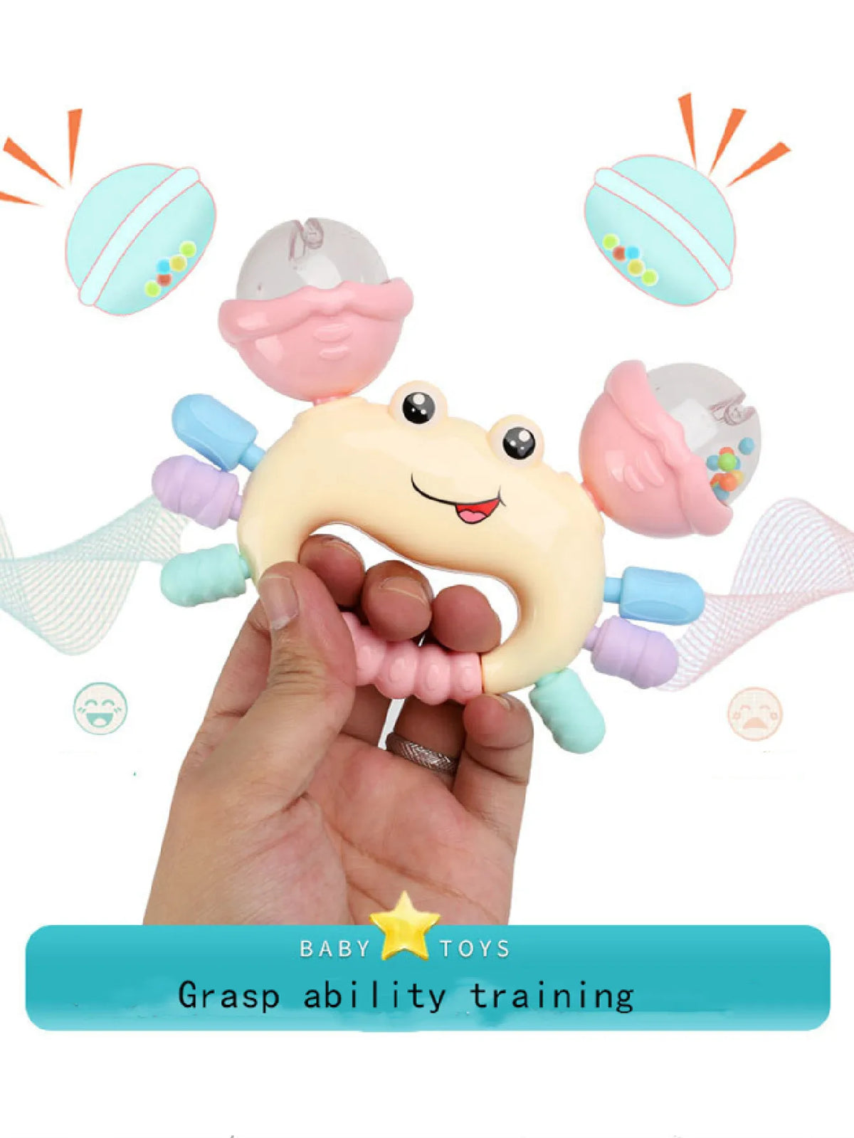 Interactive Newborn Baby Rattle & Teether Toy - Cute Cartoon Crab Sensory Teething Toy for Infants 0-36 Months, Early Development Hand-Grasp Shaking Rattle & Sound Play Toy (Random Color)