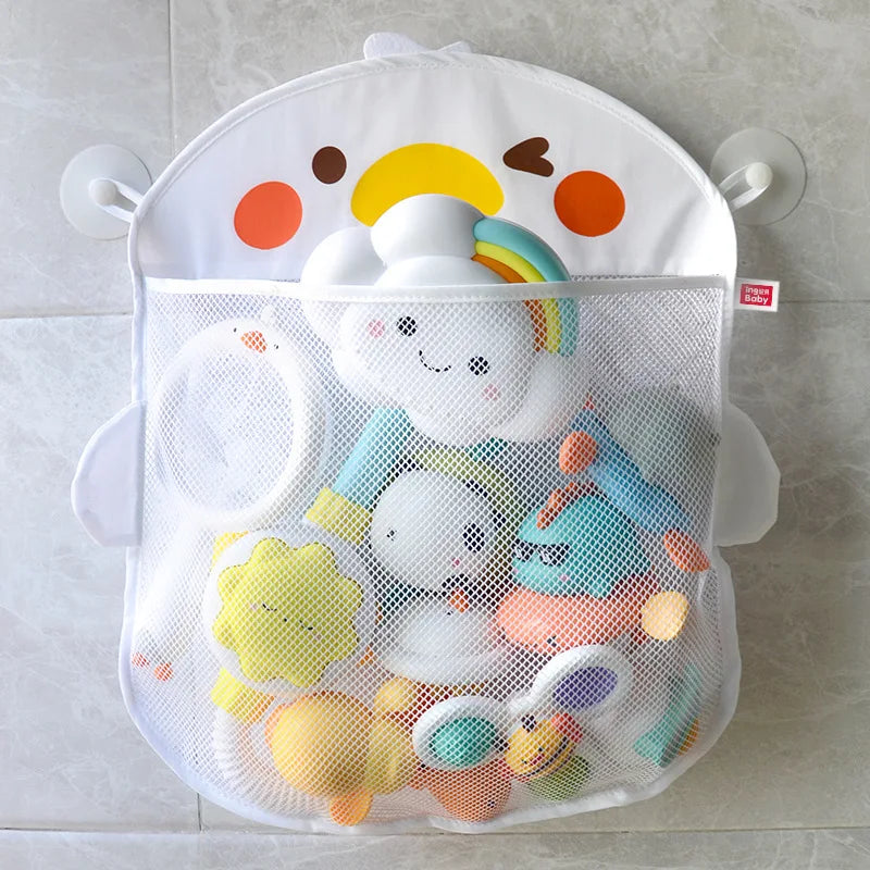 Cute Cartoon Duck Baby Bath Toy Storage Mesh Bag - Breathable Quick-Dry Hanging Net Organizer with Strong Suction Cups for Bathroom Toys, Beach Sand Toys & Kids Accessories