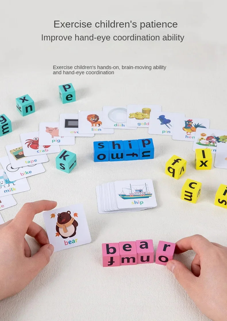 Montessori Wooden Word Spelling & Alphabet Learning Game for Preschoolers - Interactive Reading & Letter Matching Building Blocks Toy with 40 Flash Cards for Early Vocabulary & Toddler Education