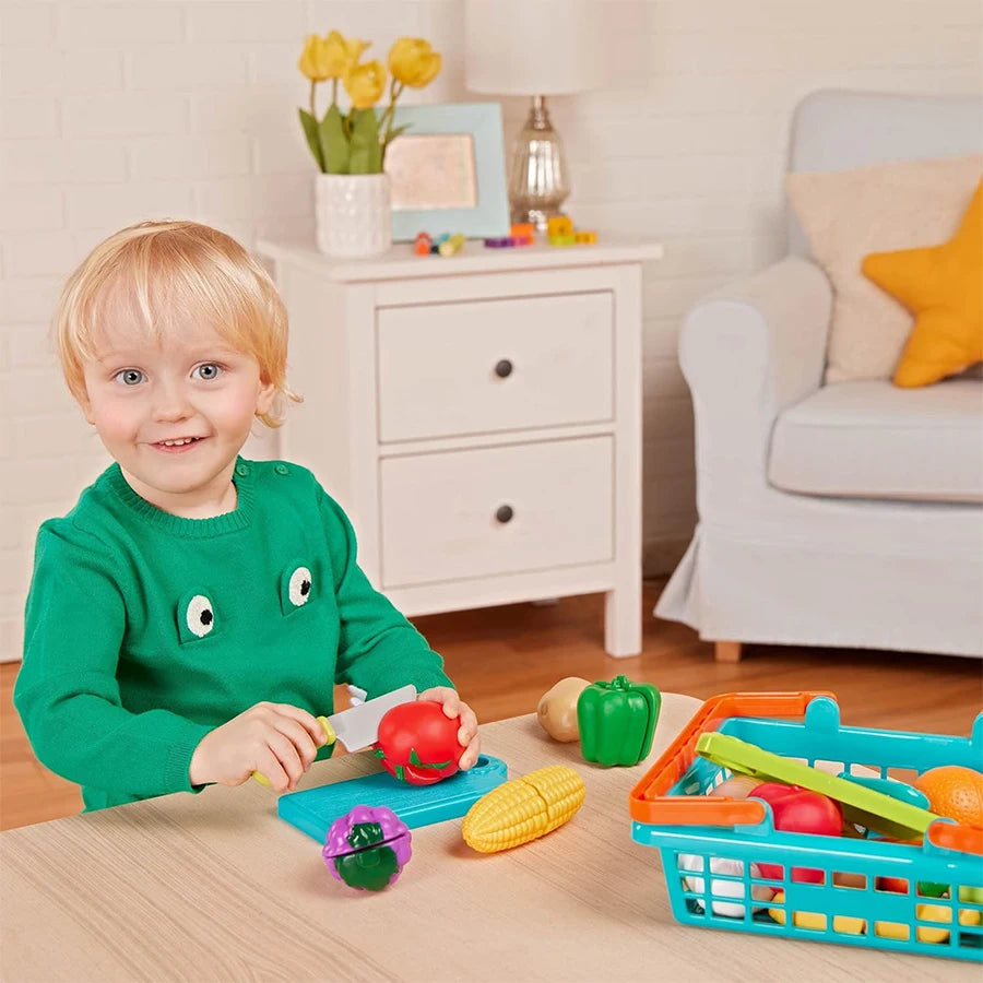 Kids Kitchen Cutting Play Food Set - Pretend Fruits & Vegetables with Storage Basket