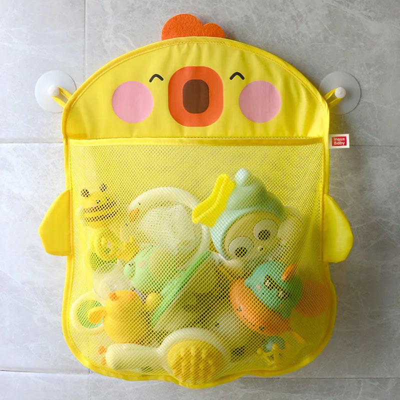 Cute Cartoon Duck Baby Bath Toy Storage Mesh Bag - Breathable Quick-Dry Hanging Net Organizer with Strong Suction Cups for Bathroom Toys, Beach Sand Toys & Kids Accessories
