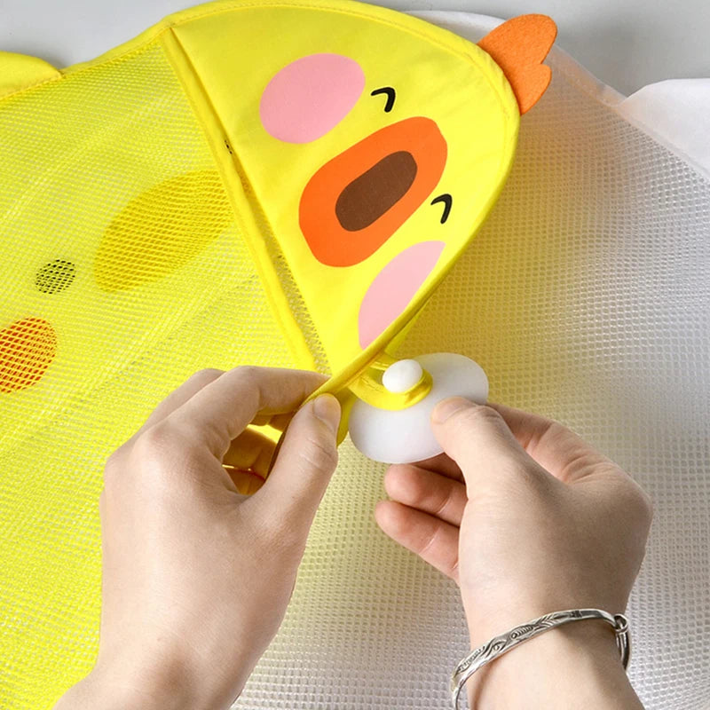 Cute Cartoon Duck Baby Bath Toy Storage Mesh Bag - Breathable Quick-Dry Hanging Net Organizer with Strong Suction Cups for Bathroom Toys, Beach Sand Toys & Kids Accessories