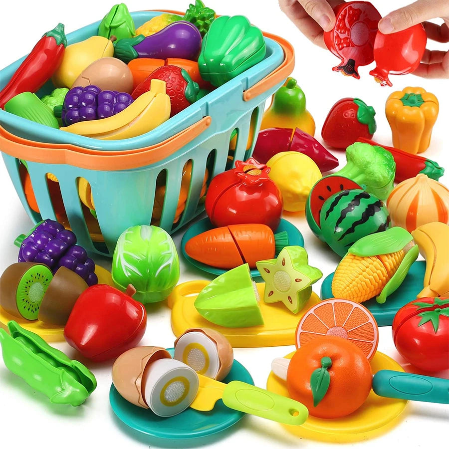 Kids Kitchen Cutting Play Food Set - Pretend Fruits & Vegetables with Storage Basket