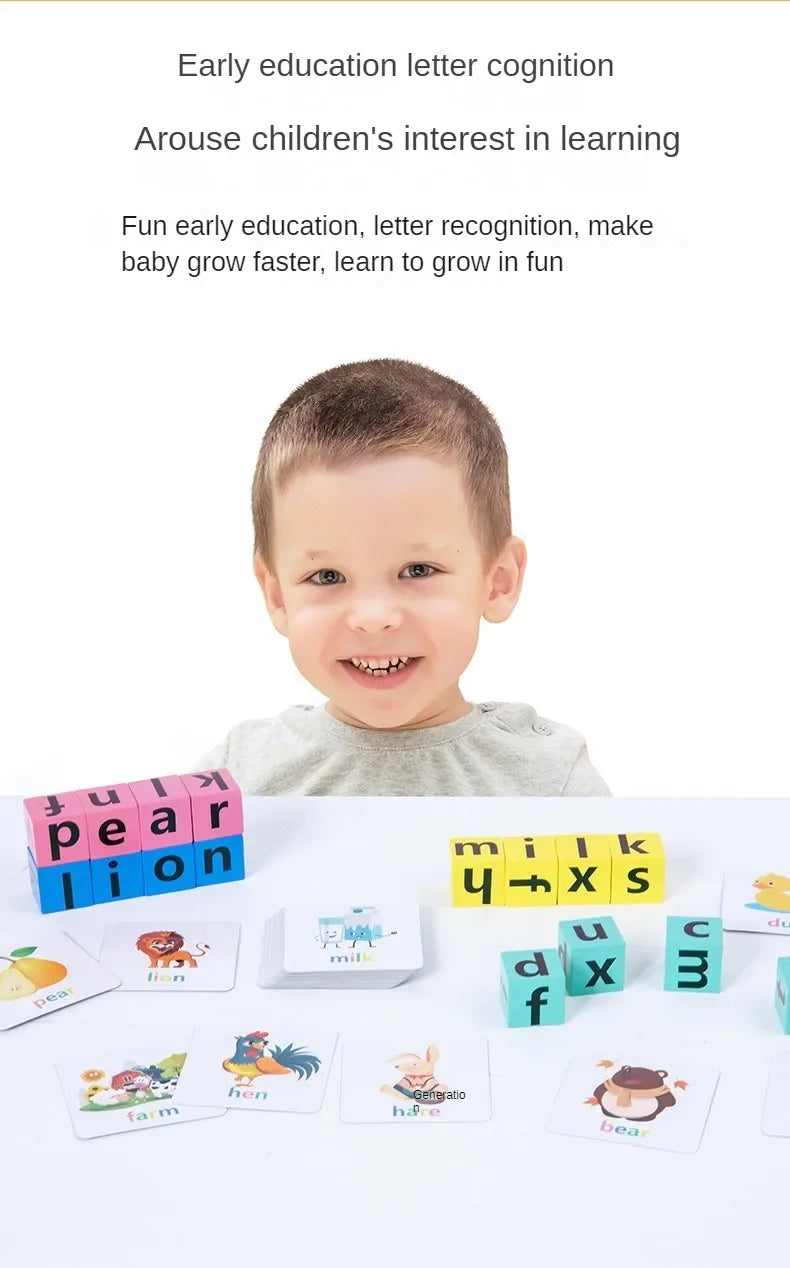 Montessori Wooden Word Spelling & Alphabet Learning Game for Preschoolers - Interactive Reading & Letter Matching Building Blocks Toy with 40 Flash Cards for Early Vocabulary & Toddler Education