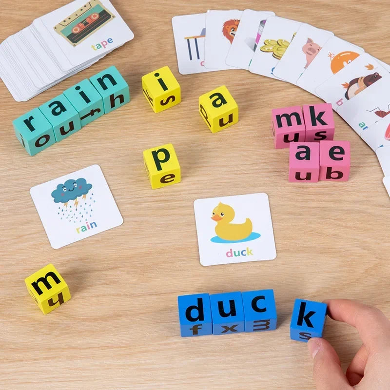 Montessori Wooden Word Spelling & Alphabet Learning Game for Preschoolers - Interactive Reading & Letter Matching Building Blocks Toy with 40 Flash Cards for Early Vocabulary & Toddler Education
