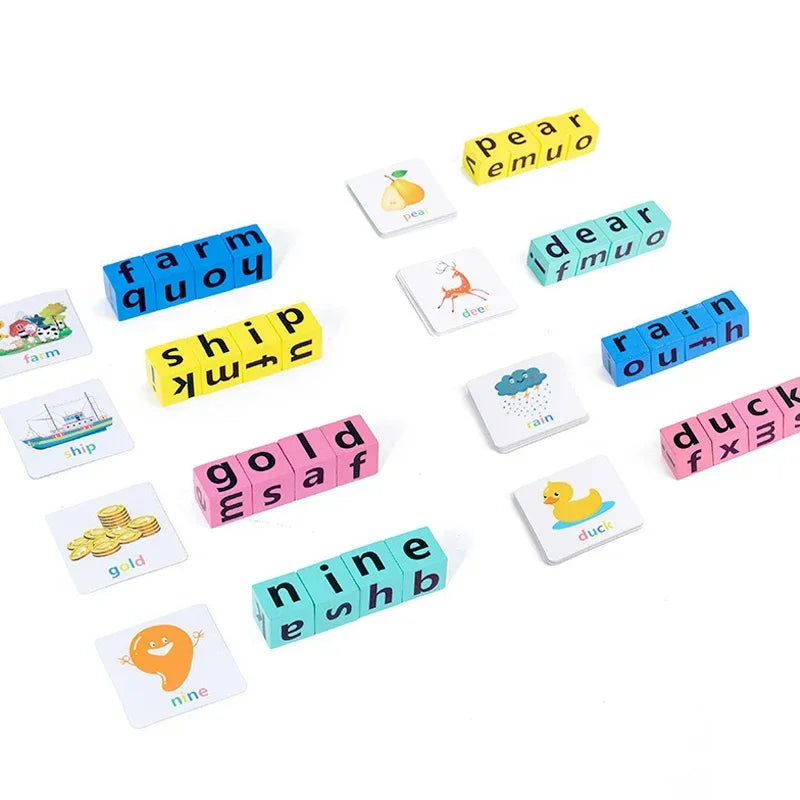 Montessori Wooden Word Spelling & Alphabet Learning Game for Preschoolers - Interactive Reading & Letter Matching Building Blocks Toy with 40 Flash Cards for Early Vocabulary & Toddler Education