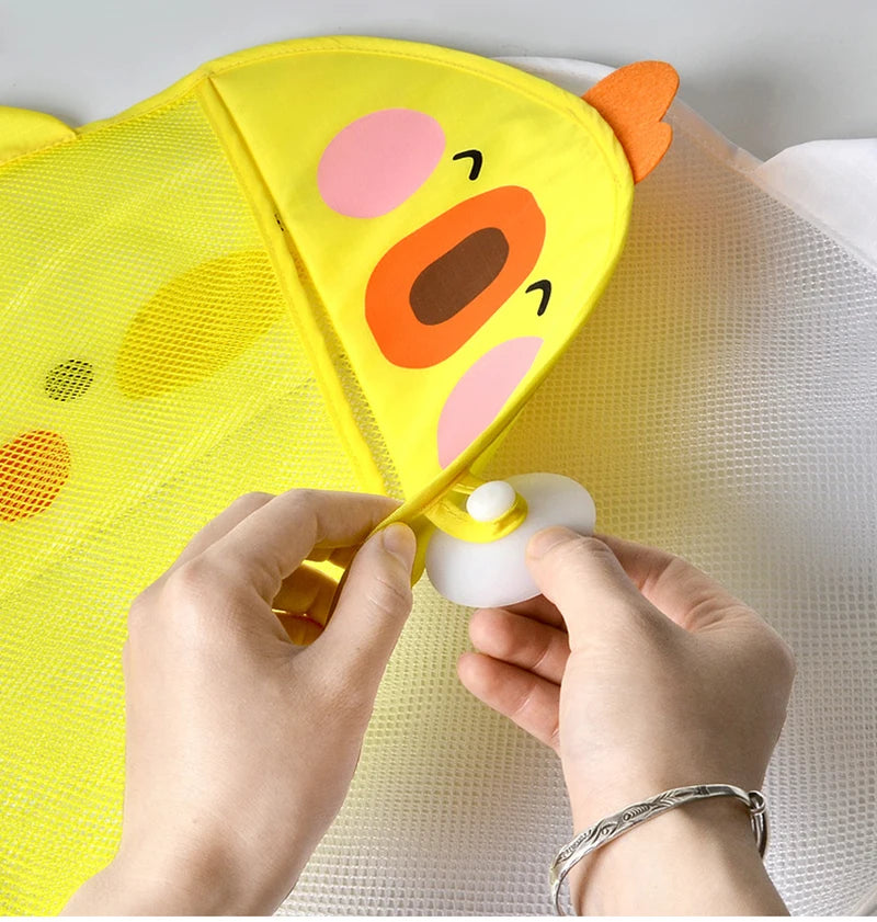 Cute Cartoon Duck Baby Bath Toy Storage Mesh Bag - Breathable Quick-Dry Hanging Net Organizer with Strong Suction Cups for Bathroom Toys, Beach Sand Toys & Kids Accessories