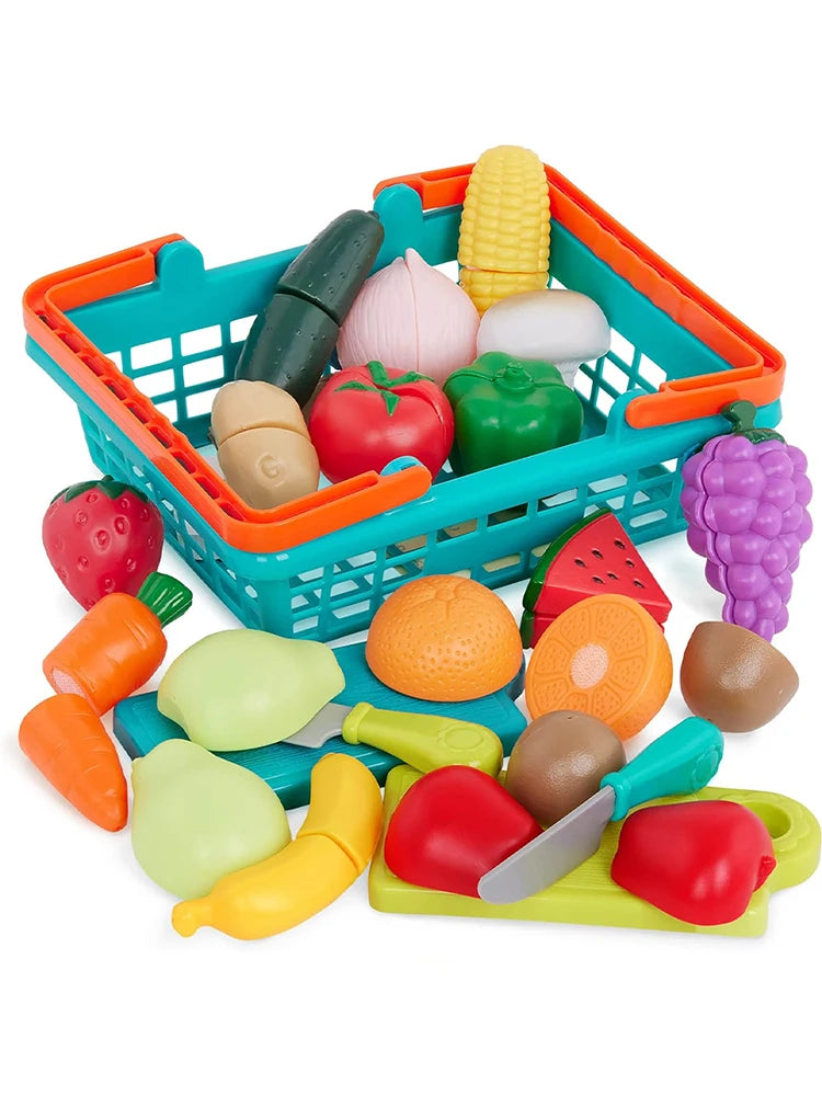 Kids Kitchen Cutting Play Food Set - Pretend Fruits & Vegetables with Storage Basket