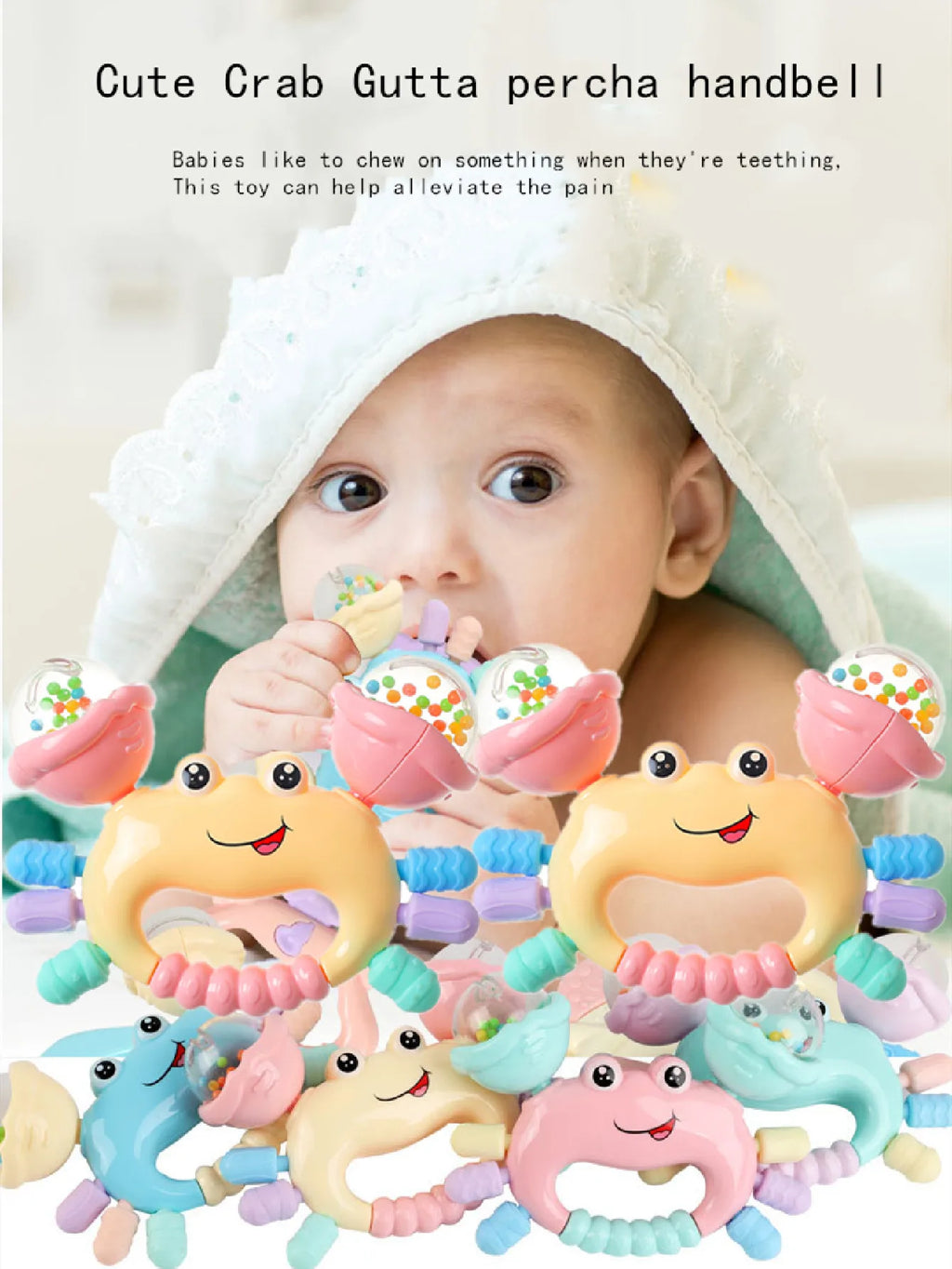 Interactive Newborn Baby Rattle & Teether Toy - Cute Cartoon Crab Sensory Teething Toy for Infants 0-36 Months, Early Development Hand-Grasp Shaking Rattle & Sound Play Toy (Random Color)
