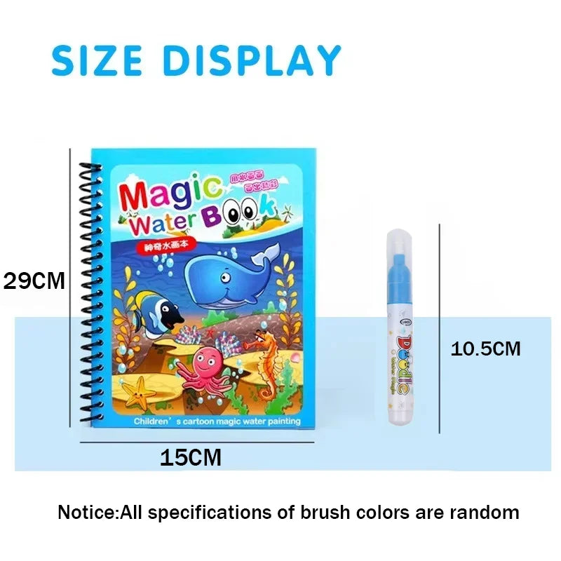 Reusable Magic Water Drawing & Graffiti Activity Book for Kids - Mess-Free Water Painting Coloring Book with Refillable Pen, Early Educational Travel Toy & Birthday Christmas Gift for Boys and Girls