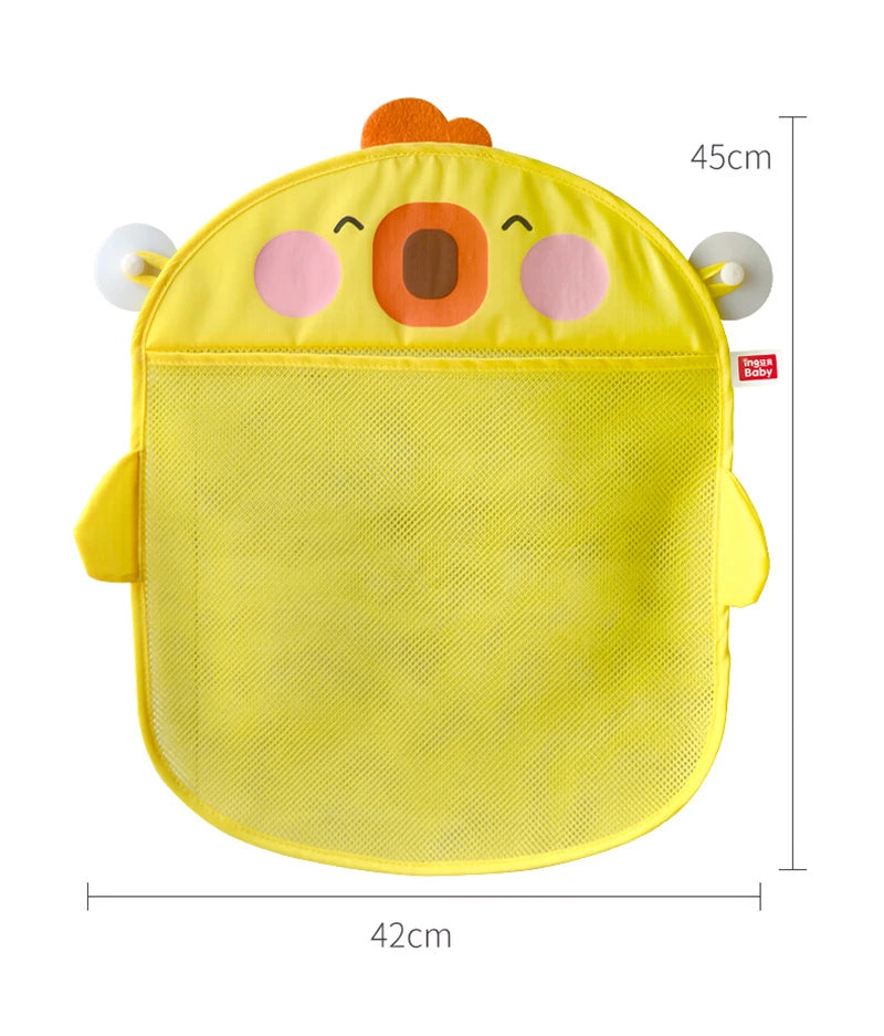 Cute Cartoon Duck Baby Bath Toy Storage Mesh Bag - Breathable Quick-Dry Hanging Net Organizer with Strong Suction Cups for Bathroom Toys, Beach Sand Toys & Kids Accessories