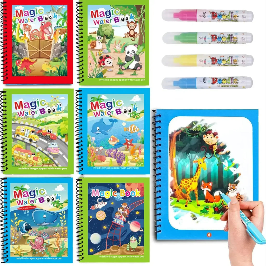 Reusable Magic Water Drawing & Graffiti Activity Book for Kids - Mess-Free Water Painting Coloring Book with Refillable Pen, Early Educational Travel Toy & Birthday Christmas Gift for Boys and Girls