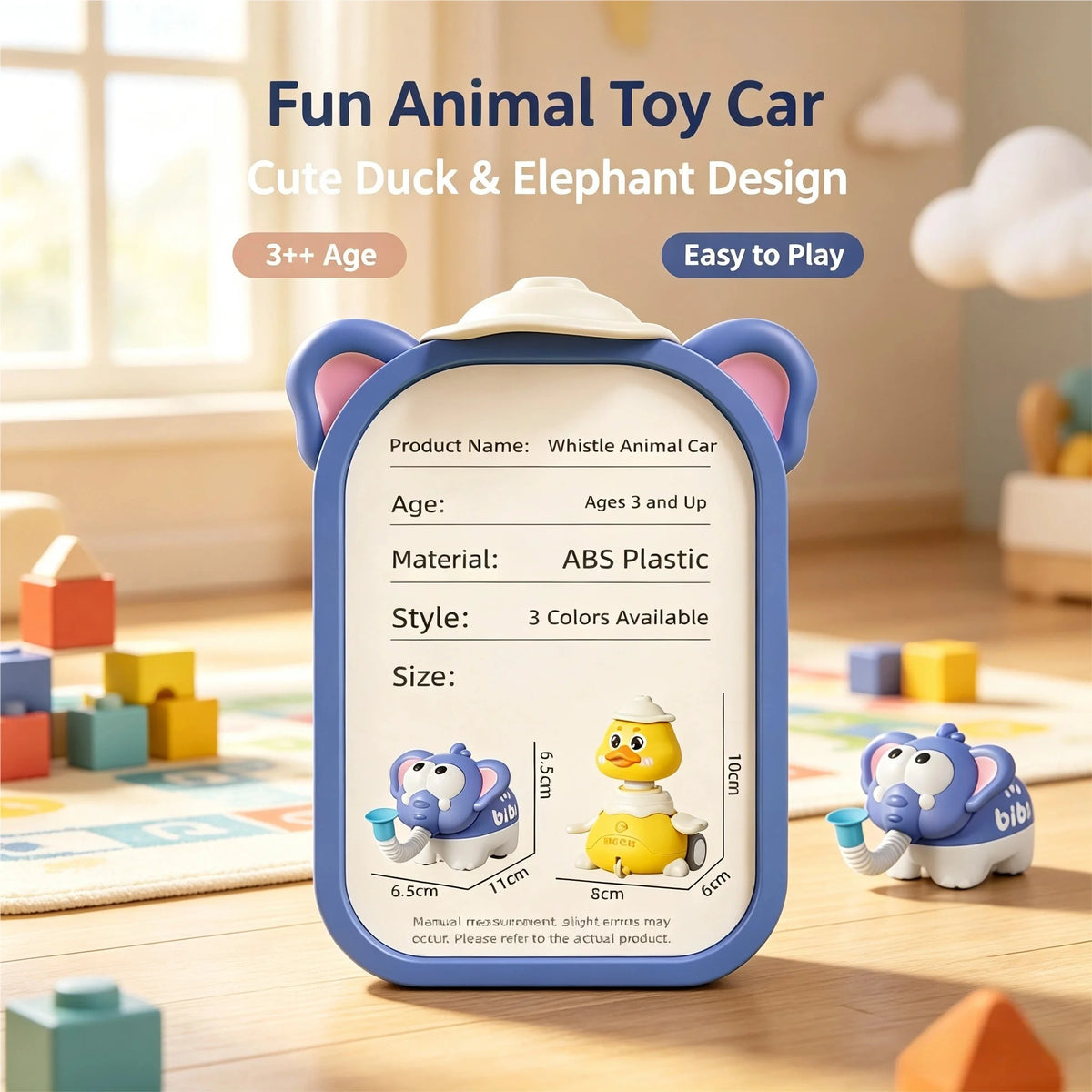 Cute Duck & Elephant Whistle Toy - Expandable Sensory Tube & Inertia Car