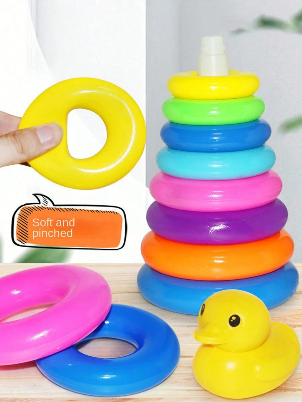 Cute Duck Rainbow Tower Stacked Circle Plastic Toy Toss Interactive Game Birthday Gift for Kids