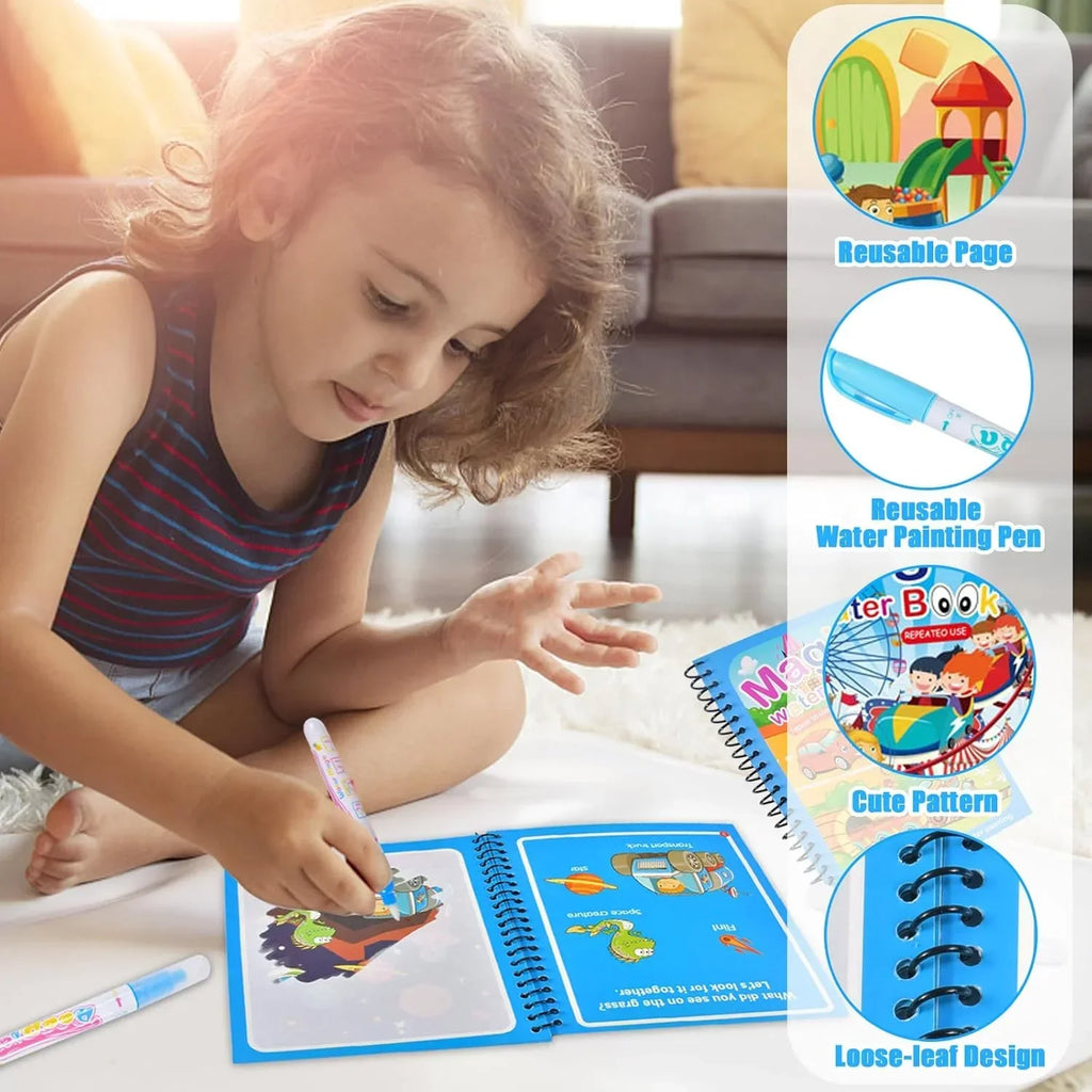 Reusable Magic Water Drawing & Graffiti Activity Book for Kids - Mess-Free Water Painting Coloring Book with Refillable Pen, Early Educational Travel Toy & Birthday Christmas Gift for Boys and Girls