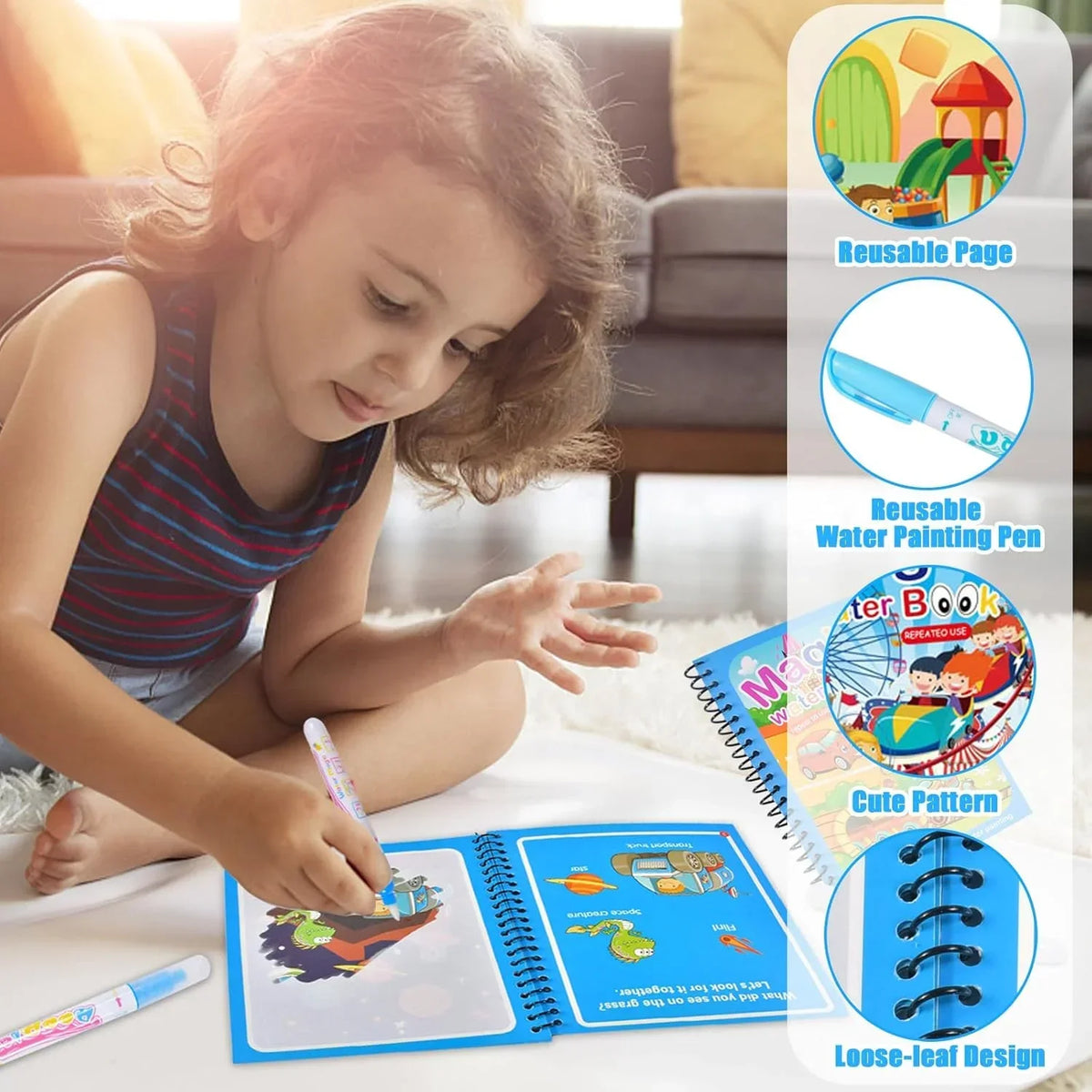 Reusable Magic Water Drawing & Graffiti Activity Book for Kids - Mess-Free Water Painting Coloring Book with Refillable Pen, Early Educational Travel Toy & Birthday Christmas Gift for Boys and Girls
