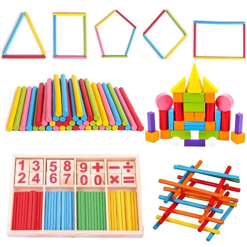 Montessori Wooden & Plastic Math Counting Sticks & Geometric Shape Sorting Blocks - Educational Preschool Learning Toy for Early Calculation, Number Recognition & Focus Training