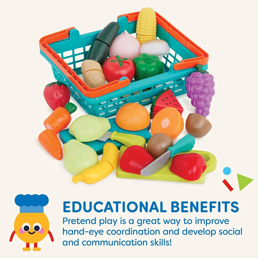 Kids Kitchen Cutting Play Food Set - Pretend Fruits & Vegetables with Storage Basket