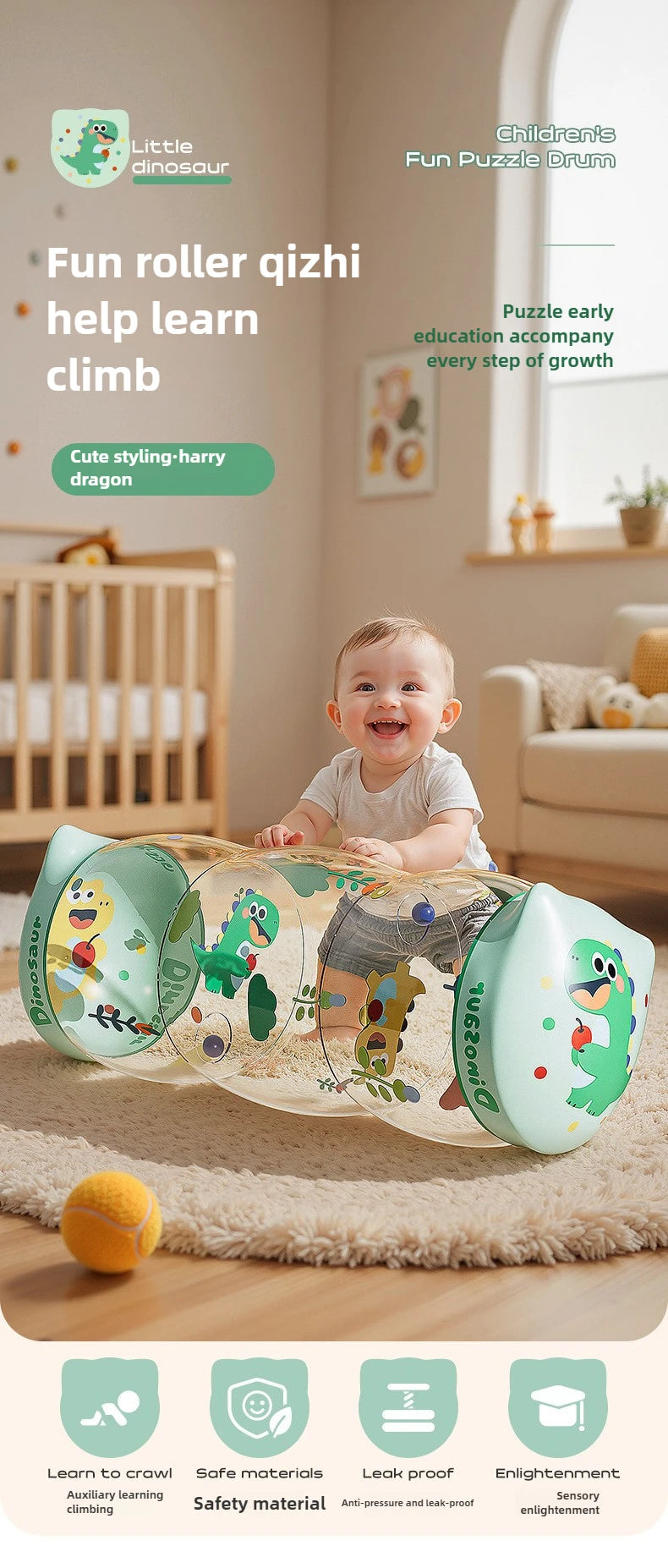 Baby Crawling Roller Activity Toy - Inflatable Sensory Roller with Ball Rattles