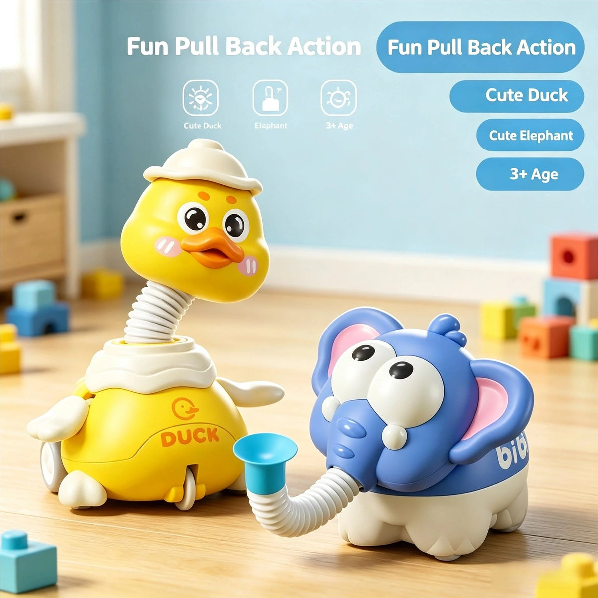 Cute Duck & Elephant Whistle Toy - Expandable Sensory Tube & Inertia Car