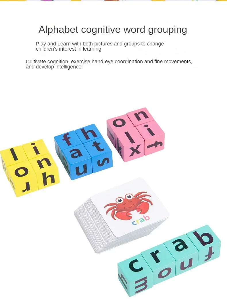 Montessori Wooden Word Spelling & Alphabet Learning Game for Preschoolers - Interactive Reading & Letter Matching Building Blocks Toy with 40 Flash Cards for Early Vocabulary & Toddler Education