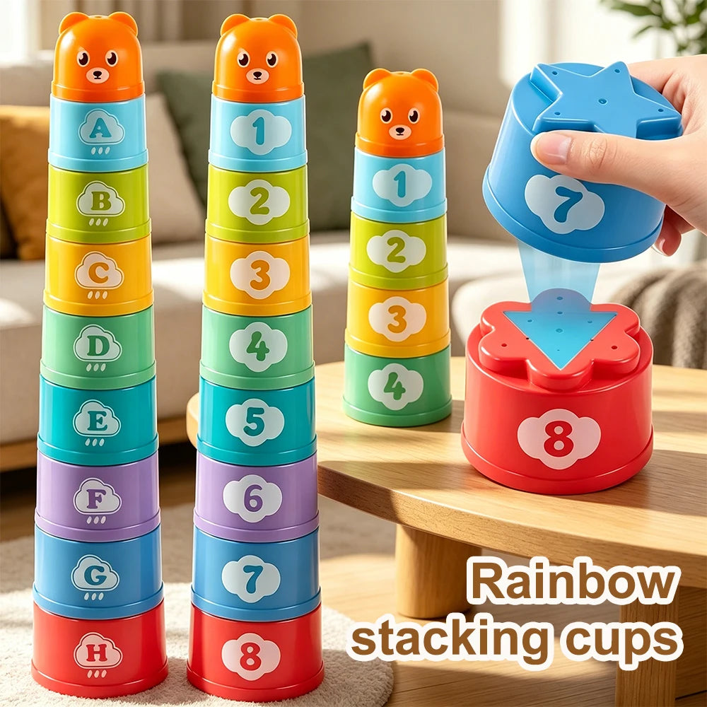Kids Rainbow Fold Stacking Cups Toy Color Sorting Sensory Early Learning & Speed Competition Gift