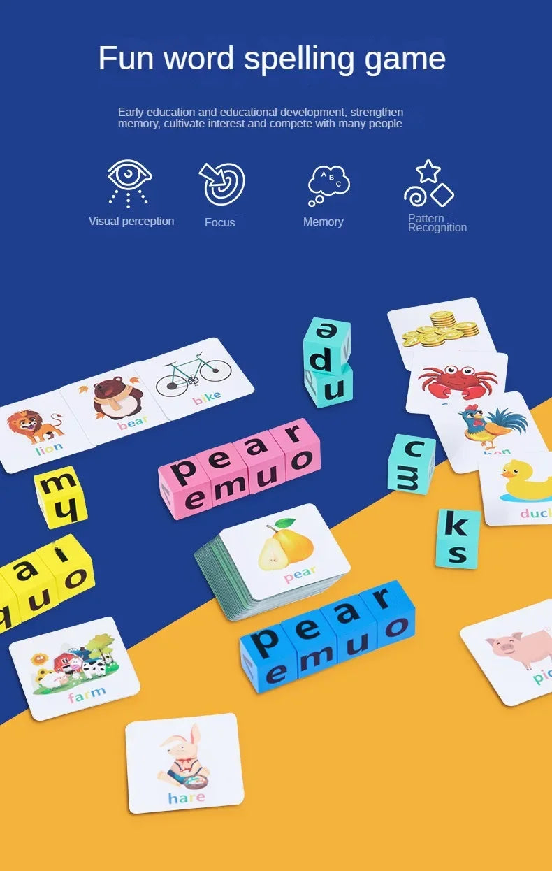 Montessori Wooden Word Spelling & Alphabet Learning Game for Preschoolers - Interactive Reading & Letter Matching Building Blocks Toy with 40 Flash Cards for Early Vocabulary & Toddler Education