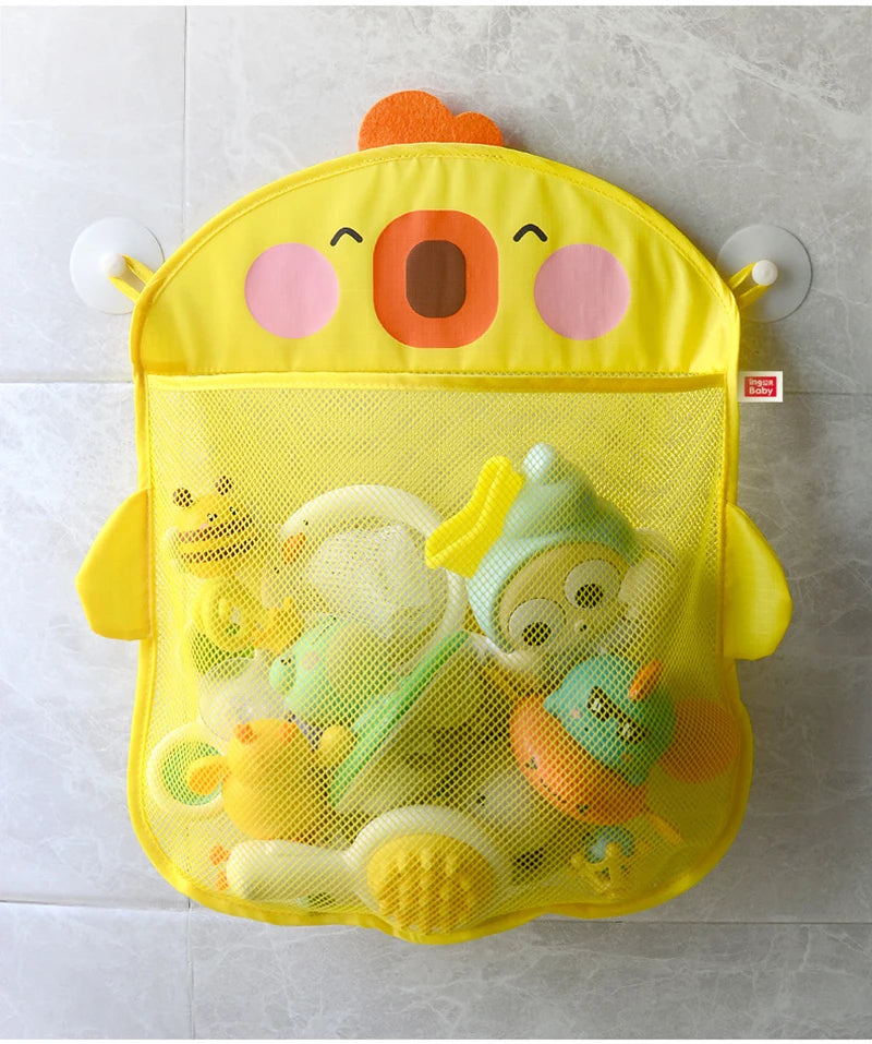 Cute Cartoon Duck Baby Bath Toy Storage Mesh Bag - Breathable Quick-Dry Hanging Net Organizer with Strong Suction Cups for Bathroom Toys, Beach Sand Toys & Kids Accessories