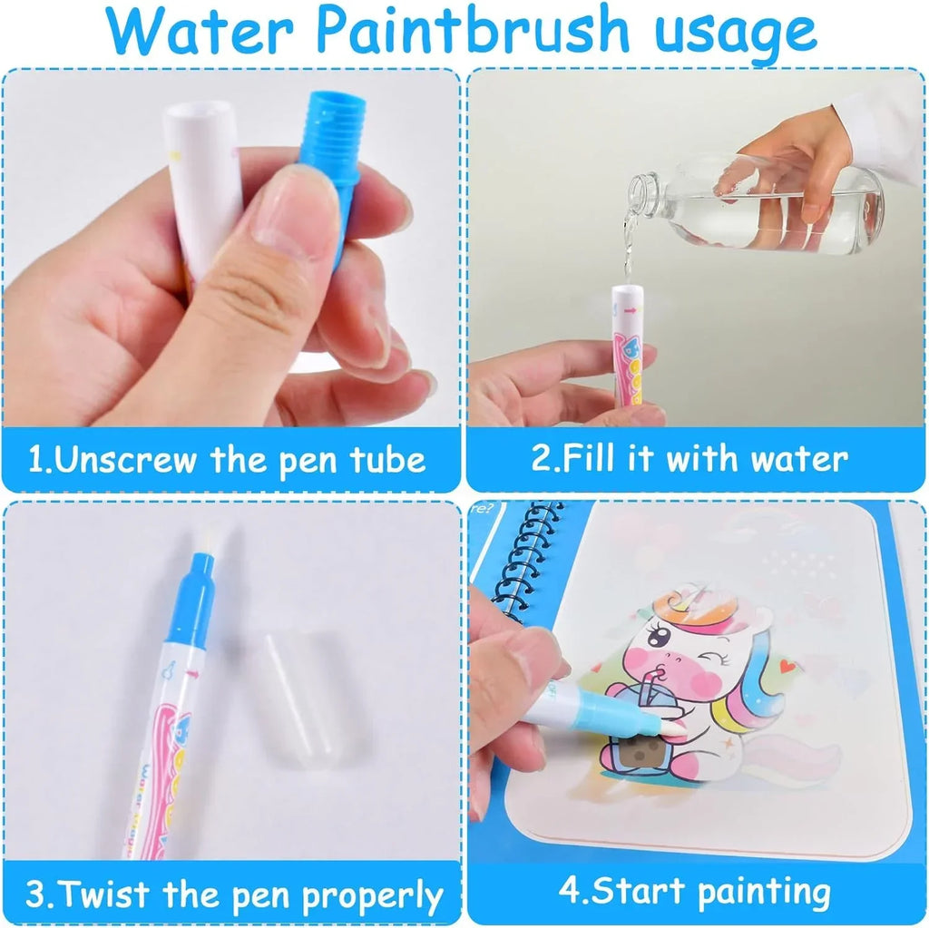 Reusable Magic Water Drawing & Graffiti Activity Book for Kids - Mess-Free Water Painting Coloring Book with Refillable Pen, Early Educational Travel Toy & Birthday Christmas Gift for Boys and Girls