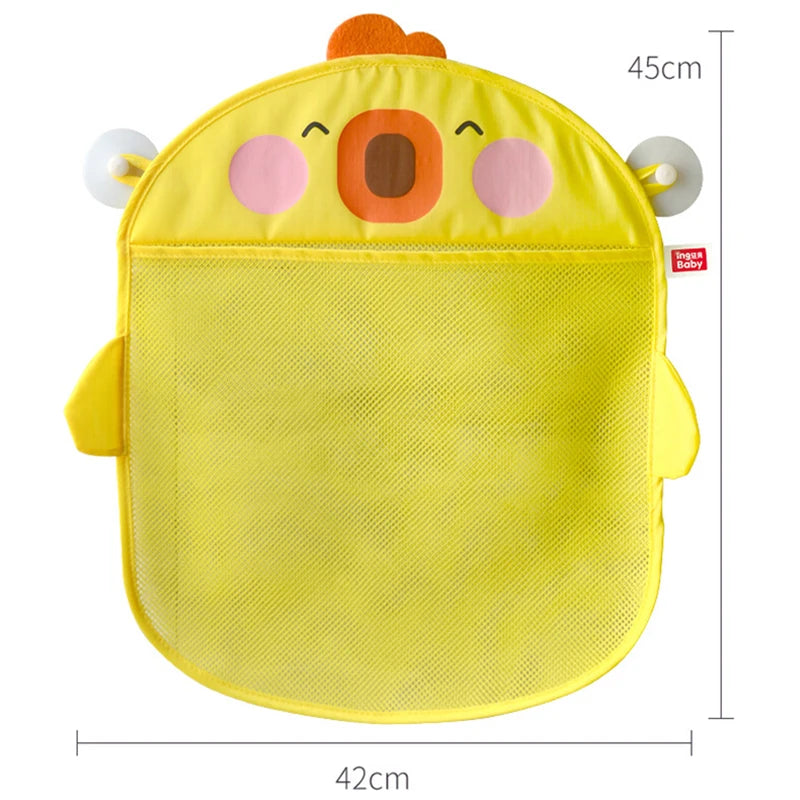 Cute Cartoon Duck Baby Bath Toy Storage Mesh Bag - Breathable Quick-Dry Hanging Net Organizer with Strong Suction Cups for Bathroom Toys, Beach Sand Toys & Kids Accessories