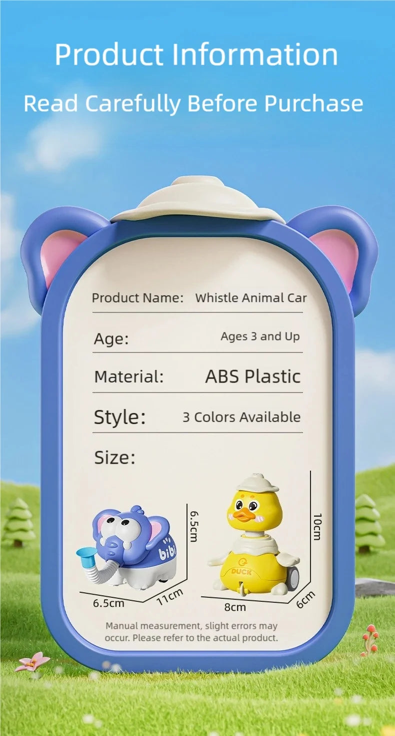 Cute Duck & Elephant Whistle Toy - Expandable Sensory Tube & Inertia Car