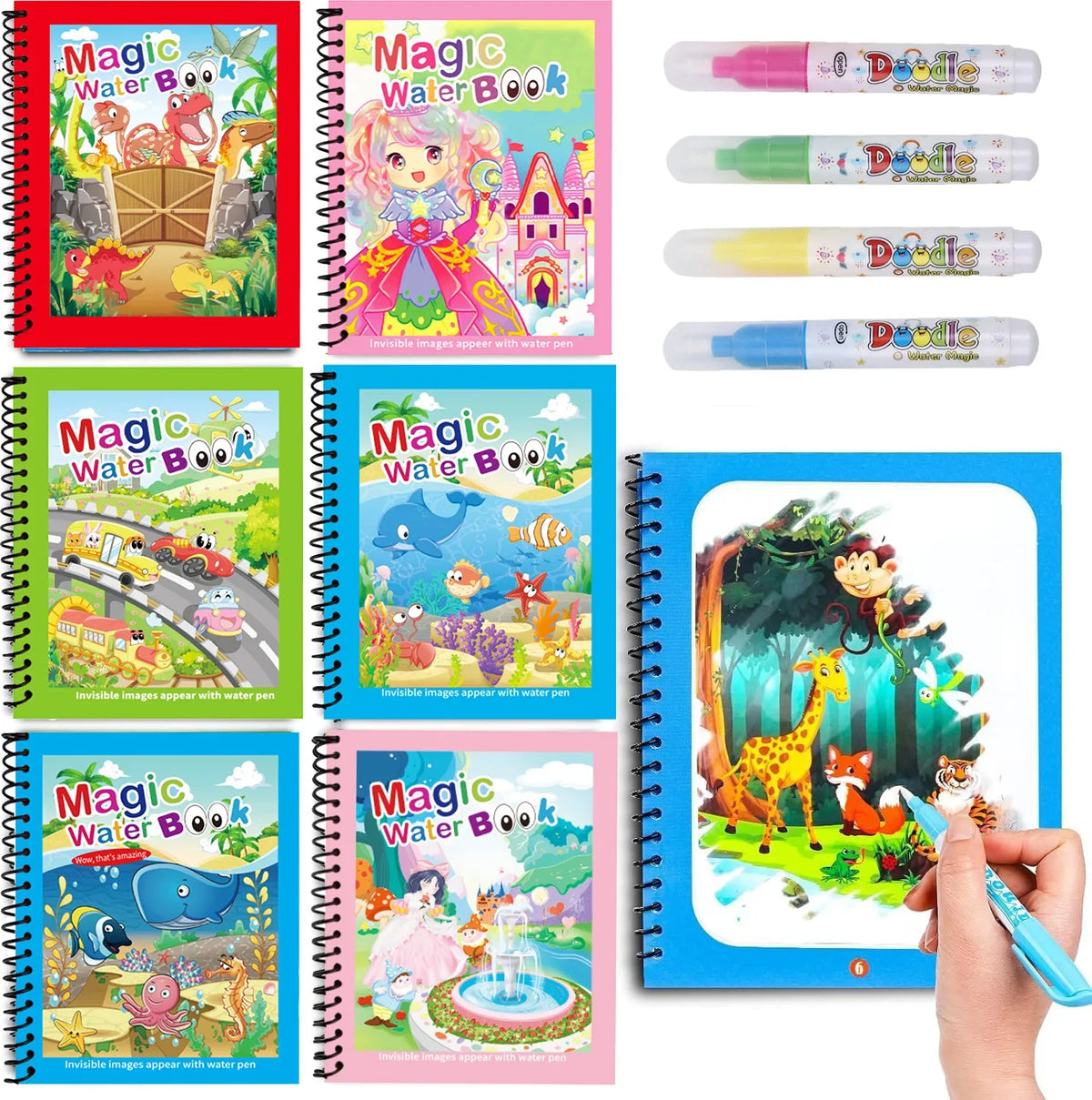 Reusable Magic Water Drawing & Graffiti Activity Book for Kids - Mess-Free Water Painting Coloring Book with Refillable Pen, Early Educational Travel Toy & Birthday Christmas Gift for Boys and Girls