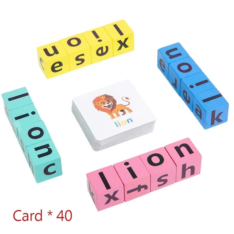 Montessori Wooden Word Spelling & Alphabet Learning Game for Preschoolers - Interactive Reading & Letter Matching Building Blocks Toy with 40 Flash Cards for Early Vocabulary & Toddler Education