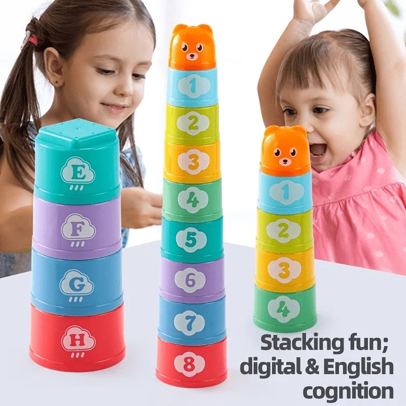 Kids Rainbow Fold Stacking Cups Toy Color Sorting Sensory Early Learning & Speed Competition Gift