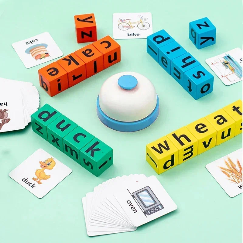 Montessori Wooden Word Spelling & Alphabet Learning Game for Preschoolers - Interactive Reading & Letter Matching Building Blocks Toy with 40 Flash Cards for Early Vocabulary & Toddler Education