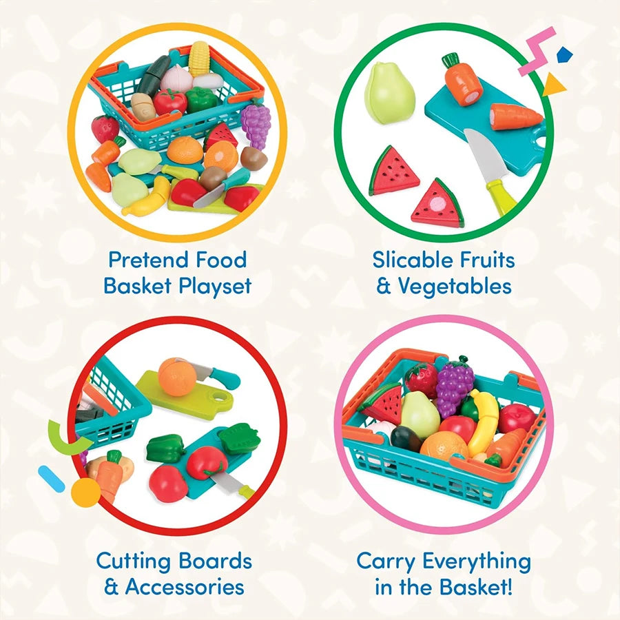 Kids Kitchen Cutting Play Food Set - Pretend Fruits & Vegetables with Storage Basket