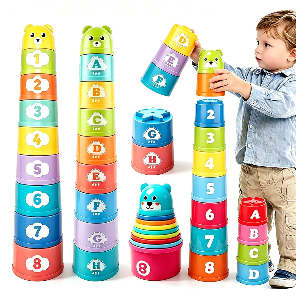 Kids Rainbow Fold Stacking Cups Toy Color Sorting Sensory Early Learning & Speed Competition Gift