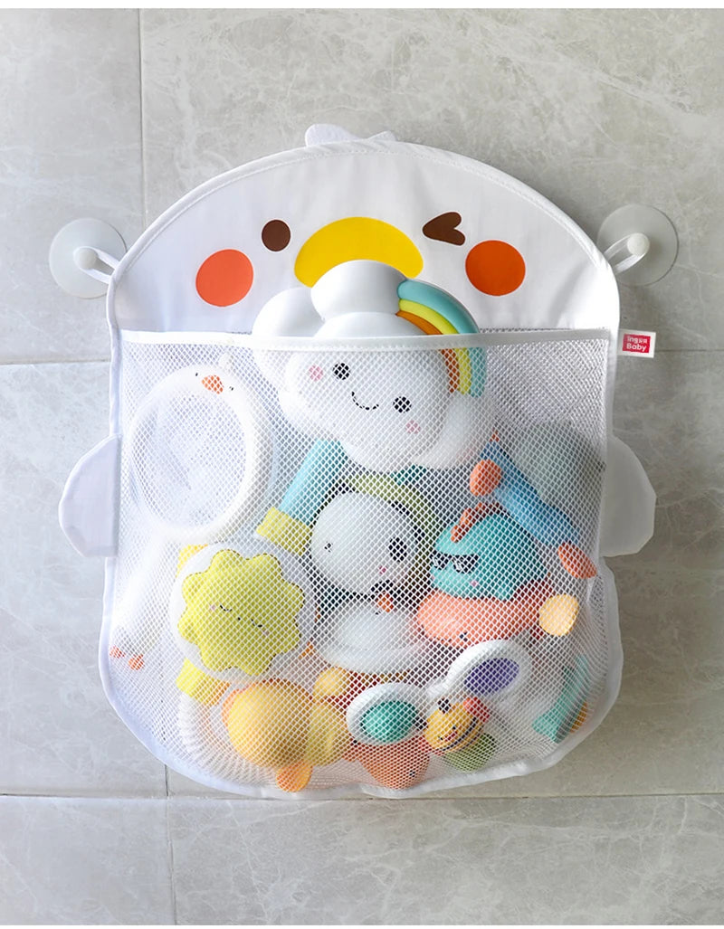 Cute Cartoon Duck Baby Bath Toy Storage Mesh Bag - Breathable Quick-Dry Hanging Net Organizer with Strong Suction Cups for Bathroom Toys, Beach Sand Toys & Kids Accessories