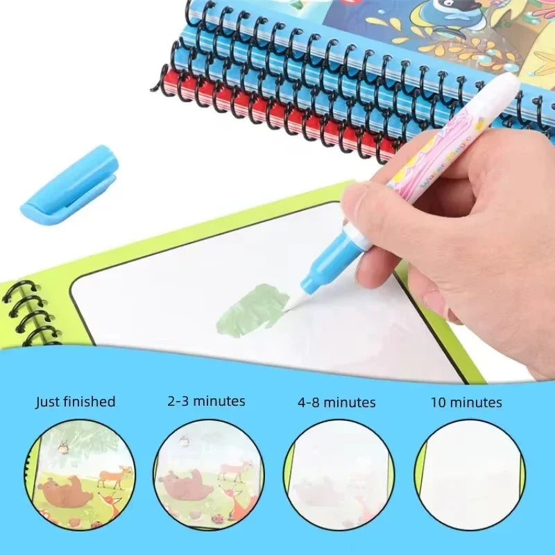 Reusable Magic Water Drawing & Graffiti Activity Book for Kids - Mess-Free Water Painting Coloring Book with Refillable Pen, Early Educational Travel Toy & Birthday Christmas Gift for Boys and Girls