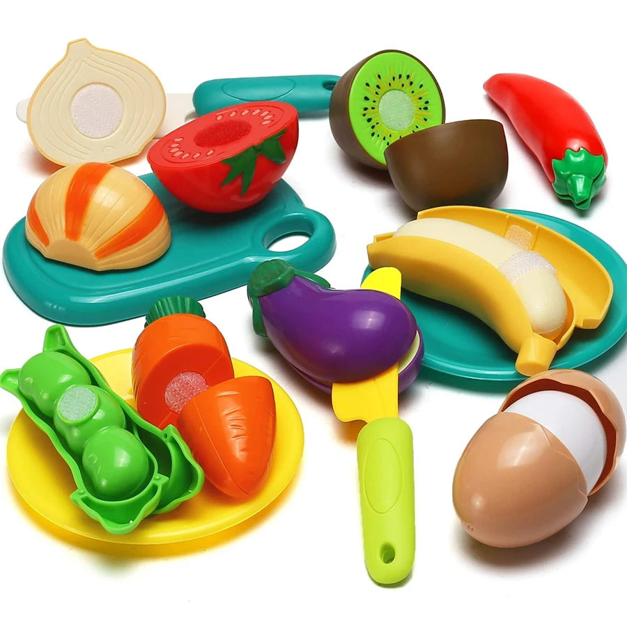 Kids Kitchen Cutting Play Food Set - Pretend Fruits & Vegetables with Storage Basket