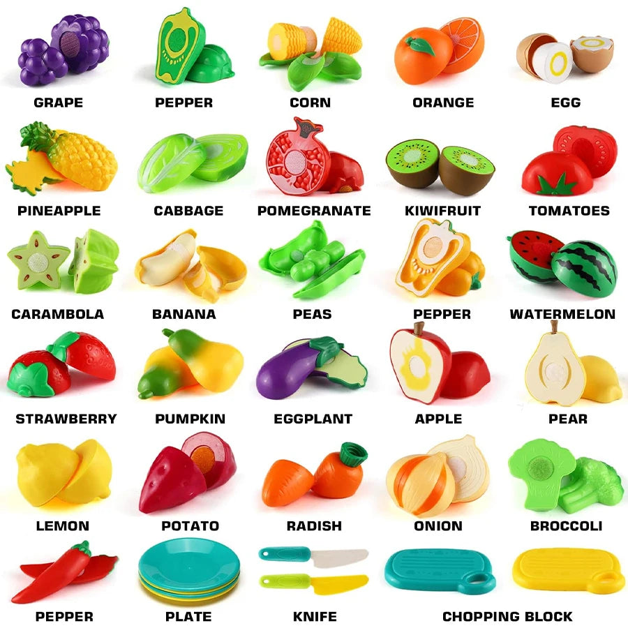 Kids Kitchen Cutting Play Food Set - Pretend Fruits & Vegetables with Storage Basket